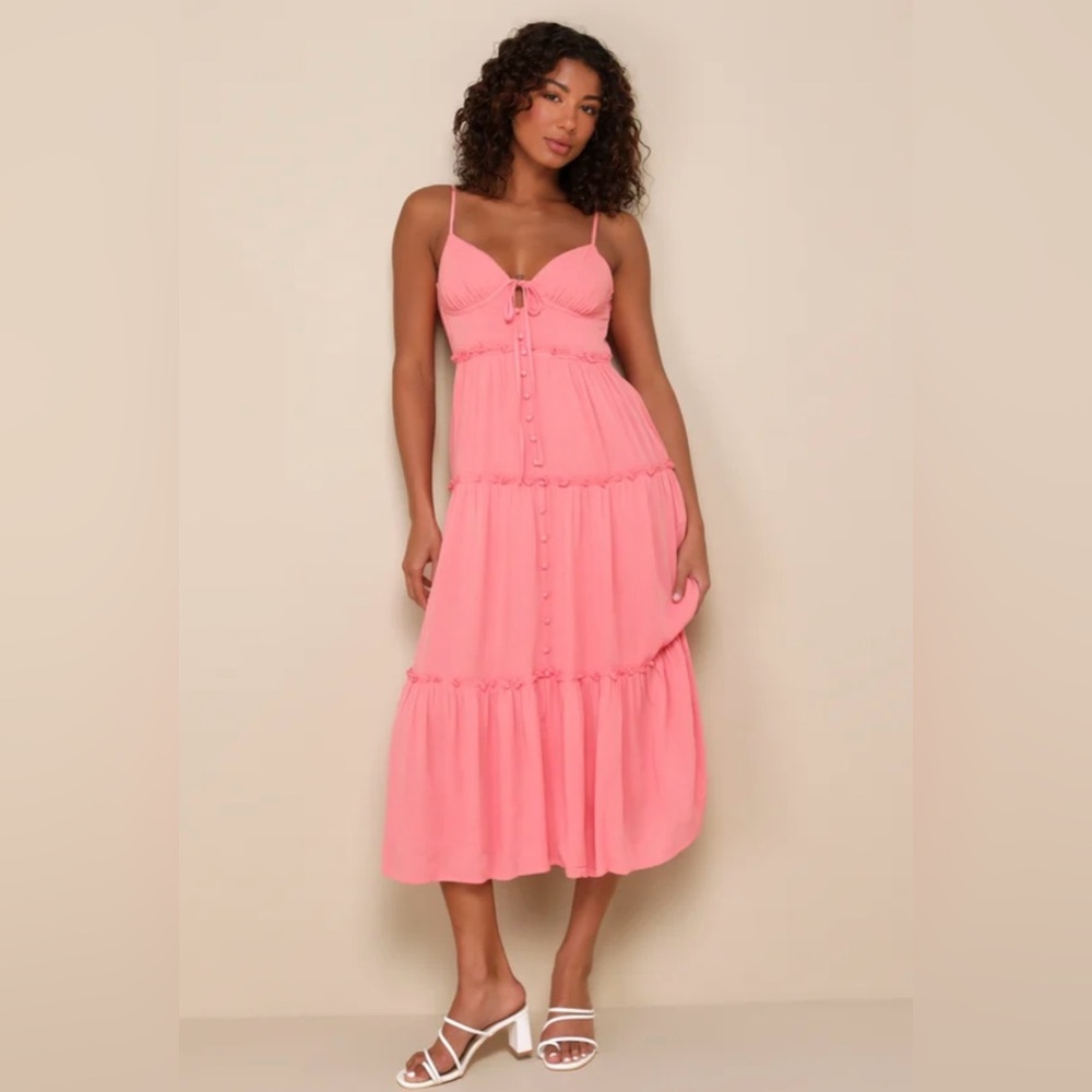 Coral Pink Ruffled Button-Front Midi Dress